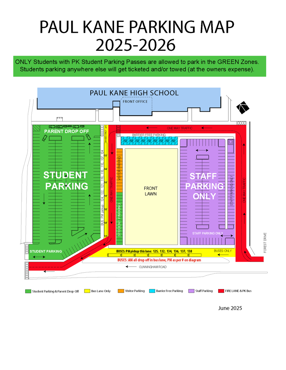 architectural drawing of parking lot with student parking displayed in green, bus lane/emergency lane displayed in red